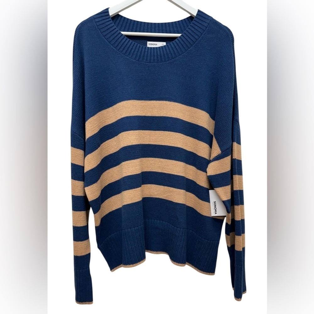 Sonoma Scoop Neck Boxy Batwing Blue Striped Pullover Sweater Women’s Sz XXL-New